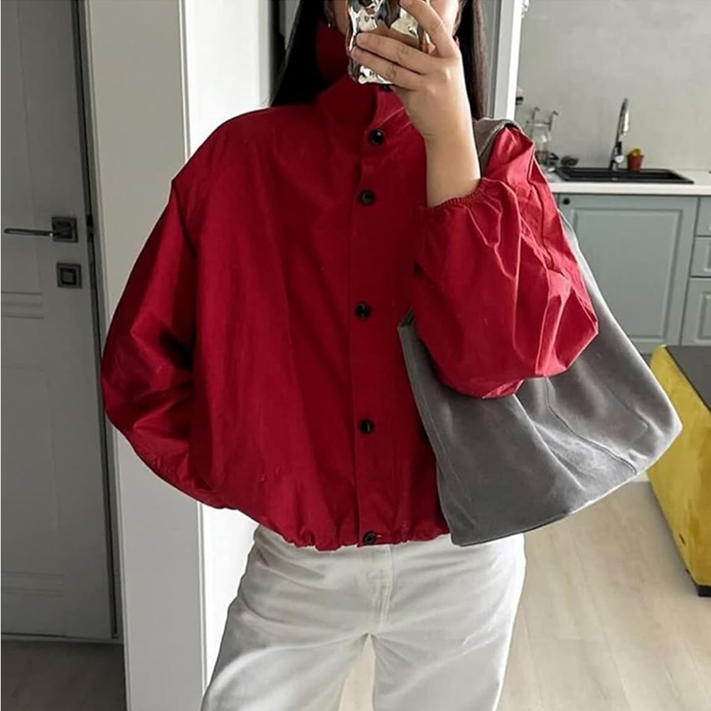 Viral Oversized Red Button Front Jacket